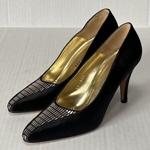 ST JOHN Vintage 90s Dress Pumps Black Satin Paillettes High Heels Shoes Italy 9B